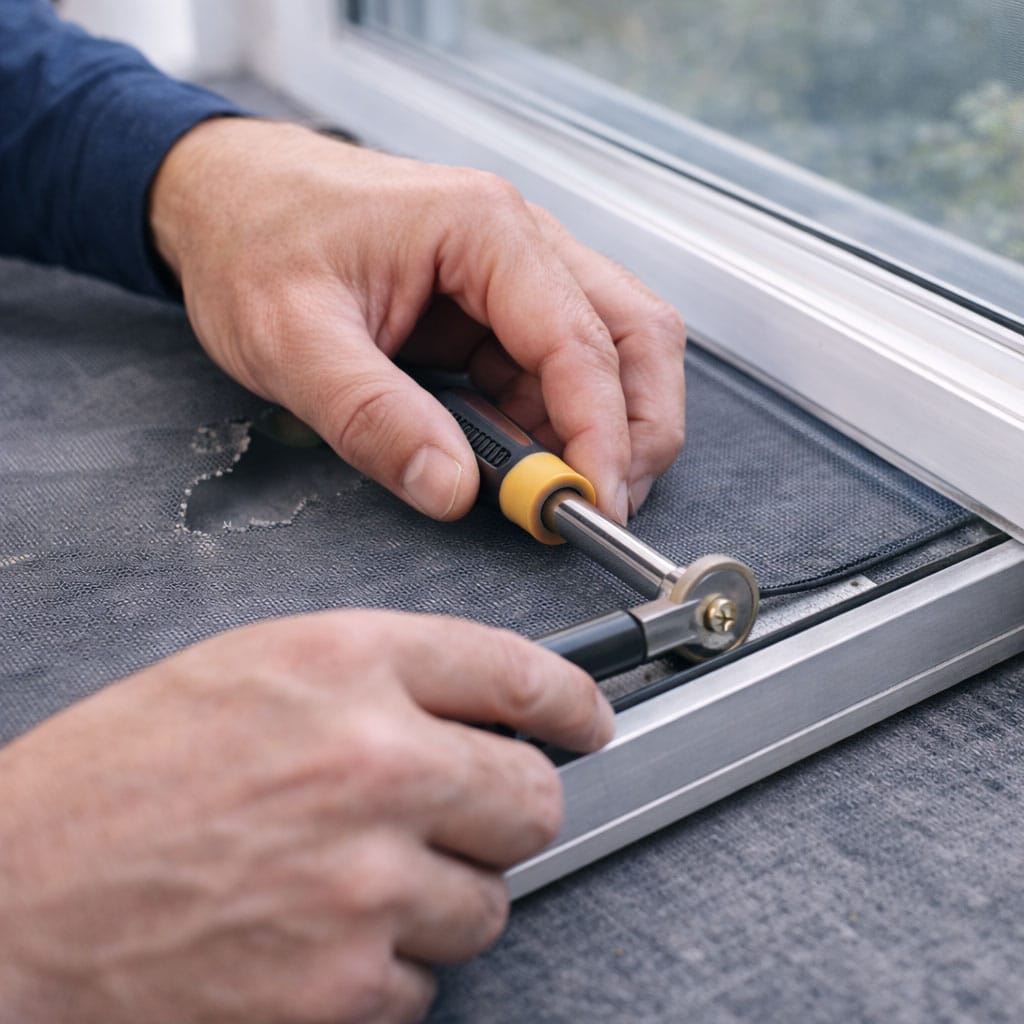 Close-up of window screen mesh being replaced