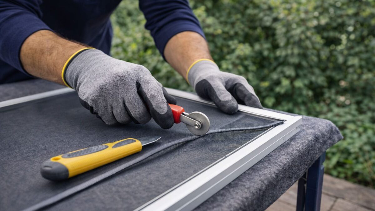 Technician repairing a window screen outside a home