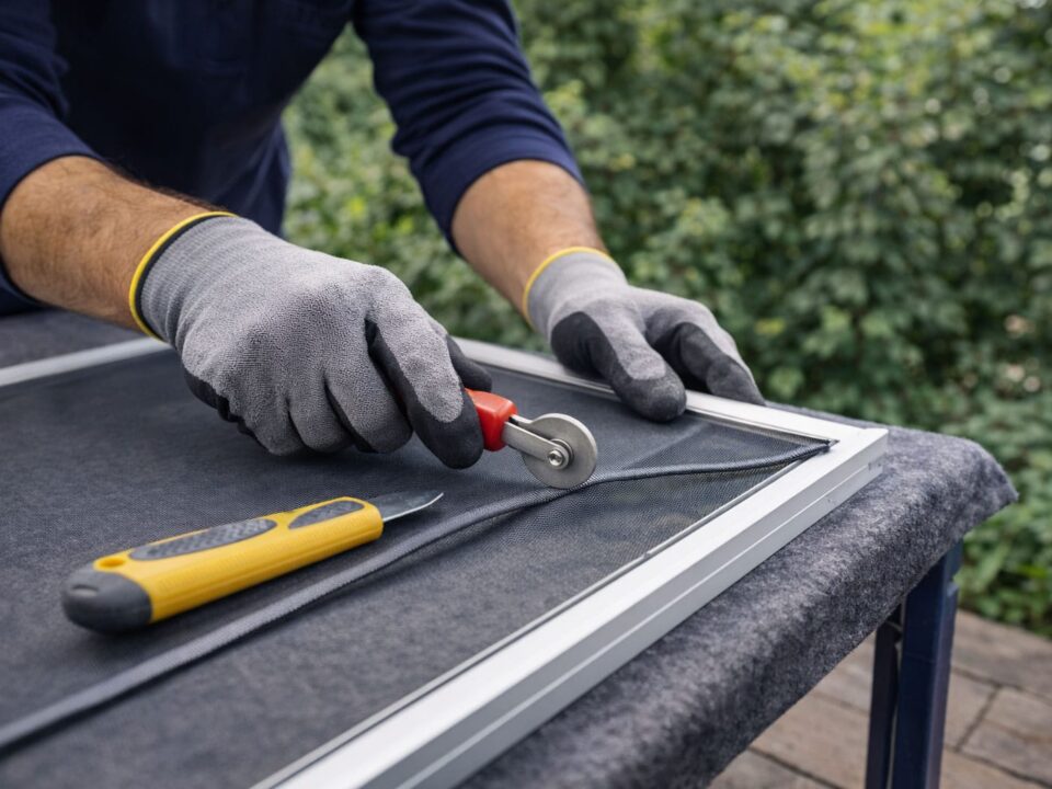 Technician repairing a window screen outside a home