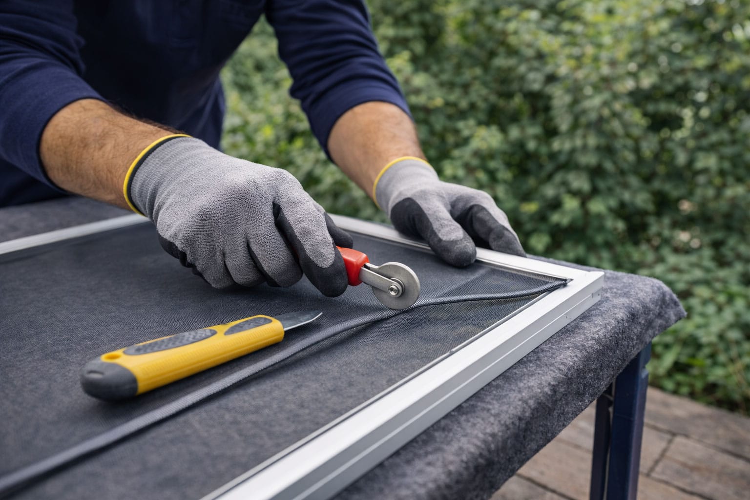 Technician repairing a window screen outside a home