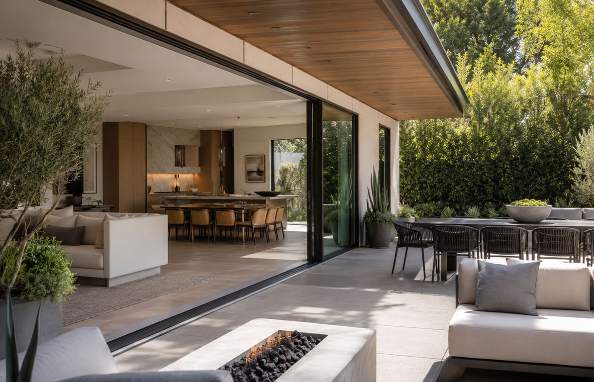 Modern patio with large glass doors