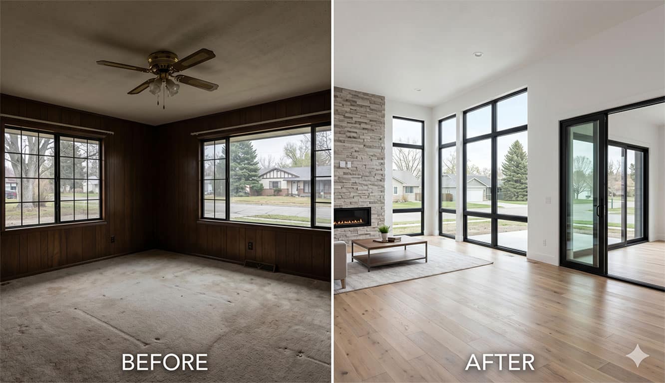 Before and after of a window replacement project