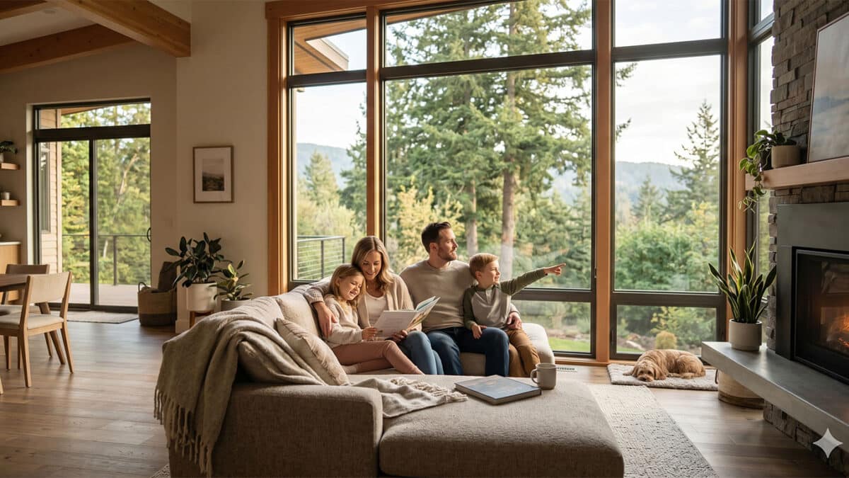 Family relaxing near energy-efficient replacement windows