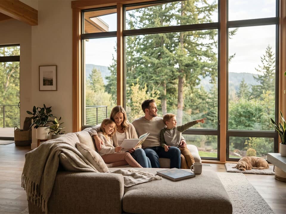 Family relaxing near energy-efficient replacement windows