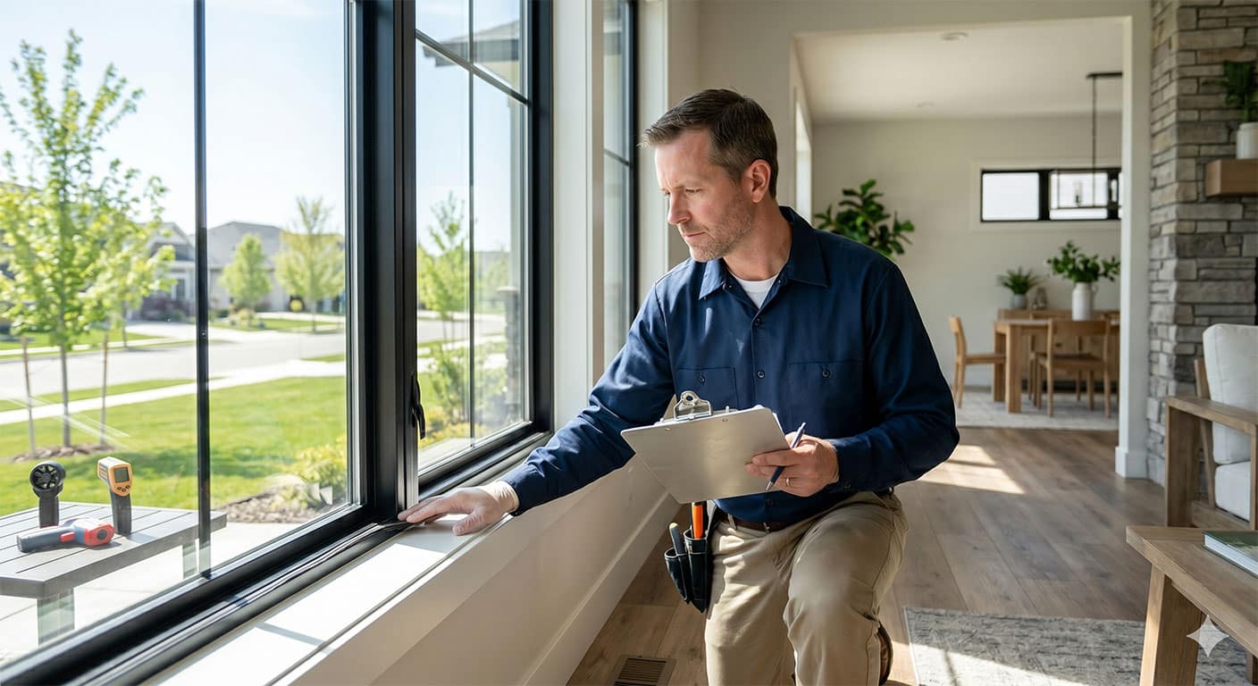 Homeowner inspecting a window before the cold season