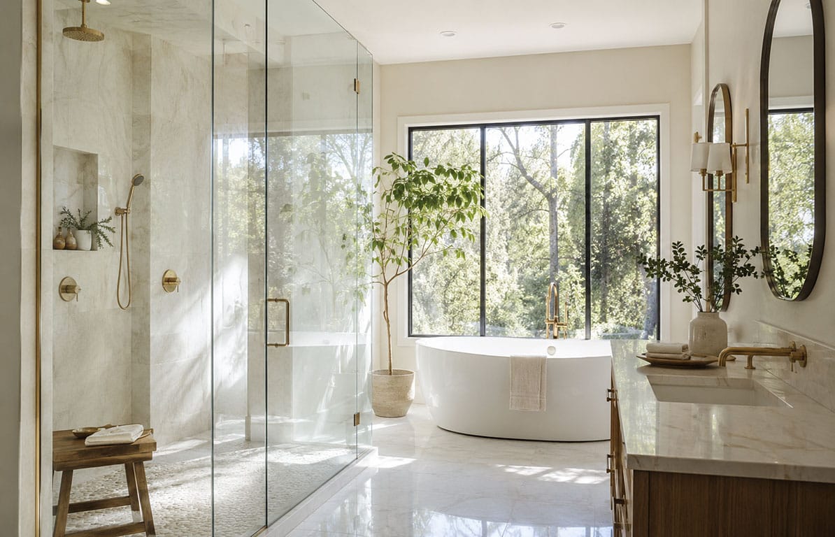 Frameless glass shower enclosure in a premium bathroom